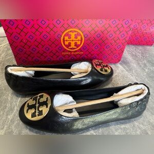 Tory Burch Black Flats with Gold Emblem